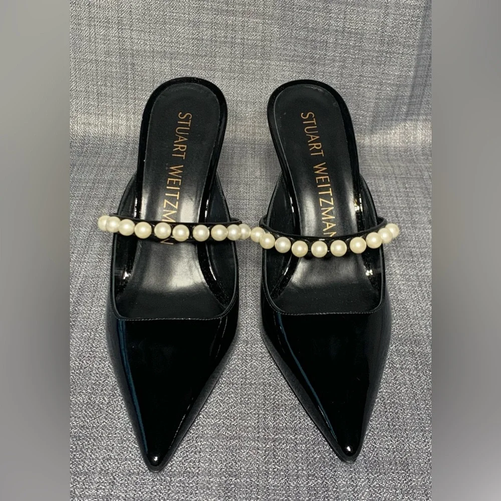 Stuart Weitzman Goldie 100 Women's Black Patent Leather Pearl Pump Mule Size 6 - Picture 3 of 8